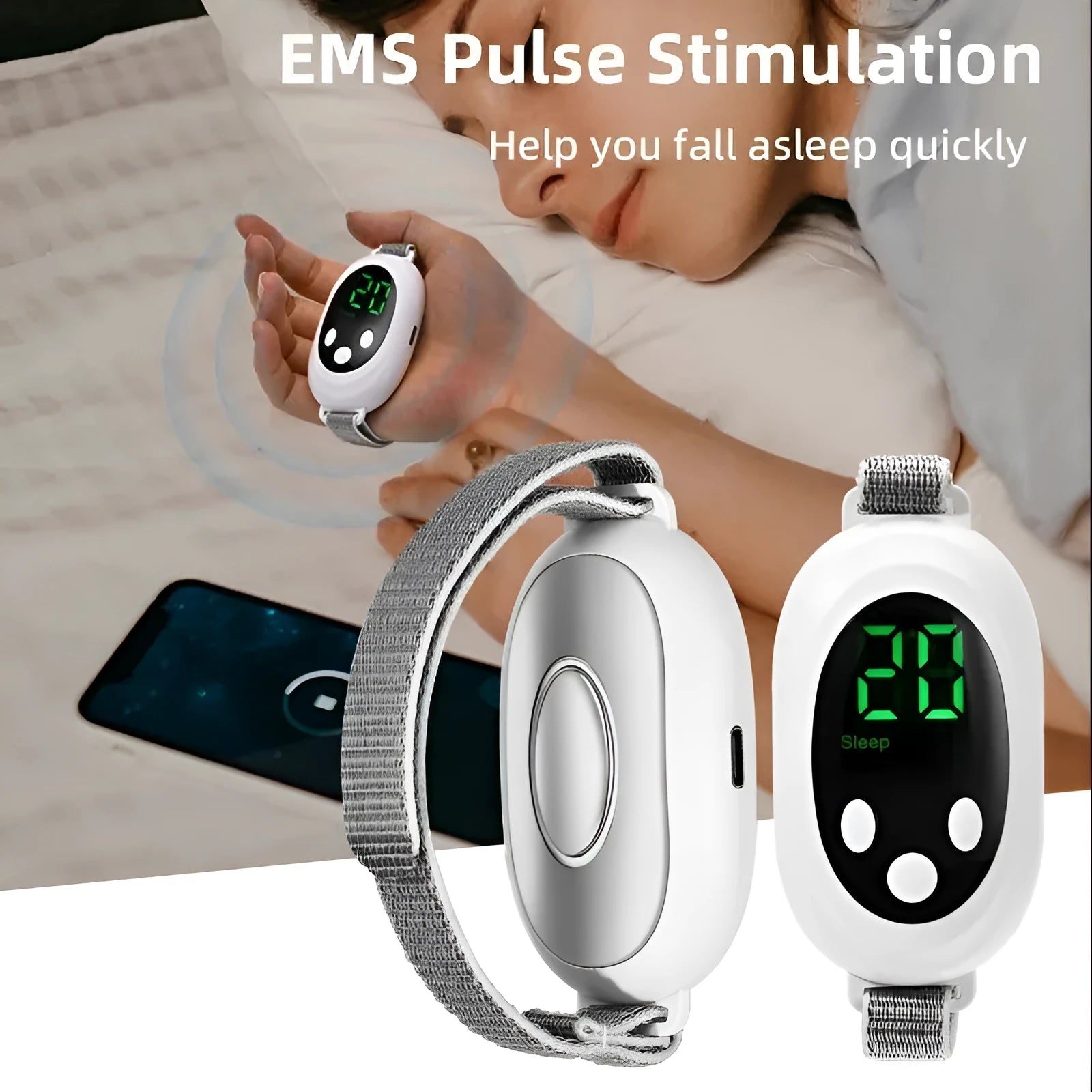 White sleep bracelet insomnia aid device with handheld remote control showing intensity adjustment buttons