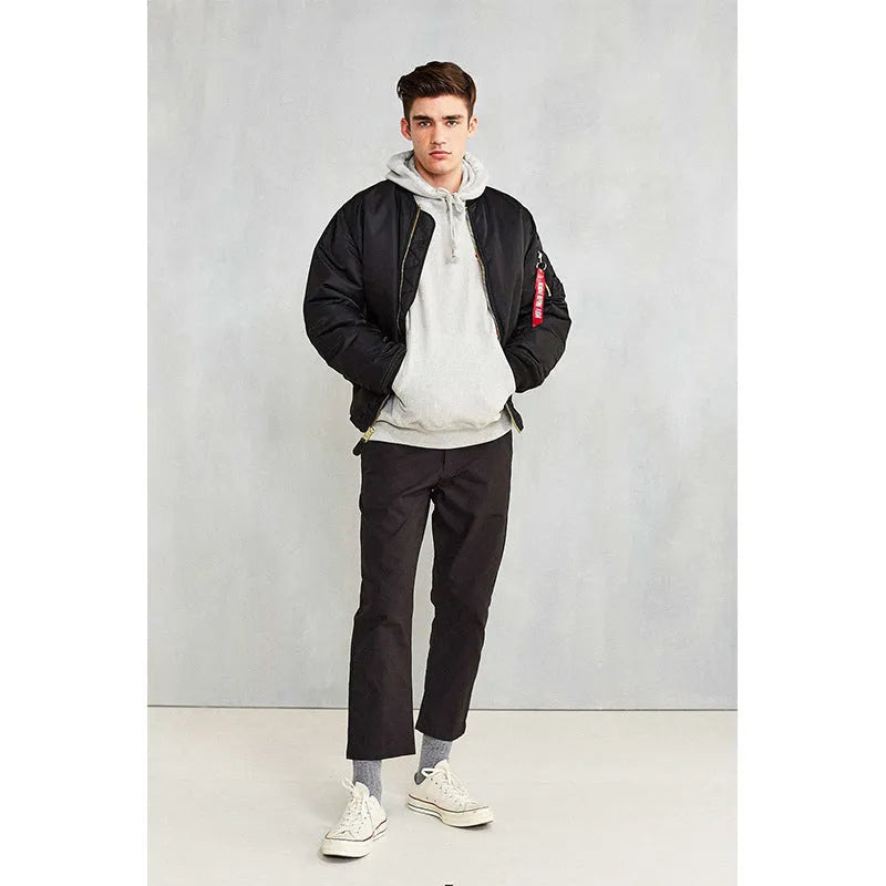 Men's loose fit cotton-padded pilot jacket in nylon, shown in Army Green colour.