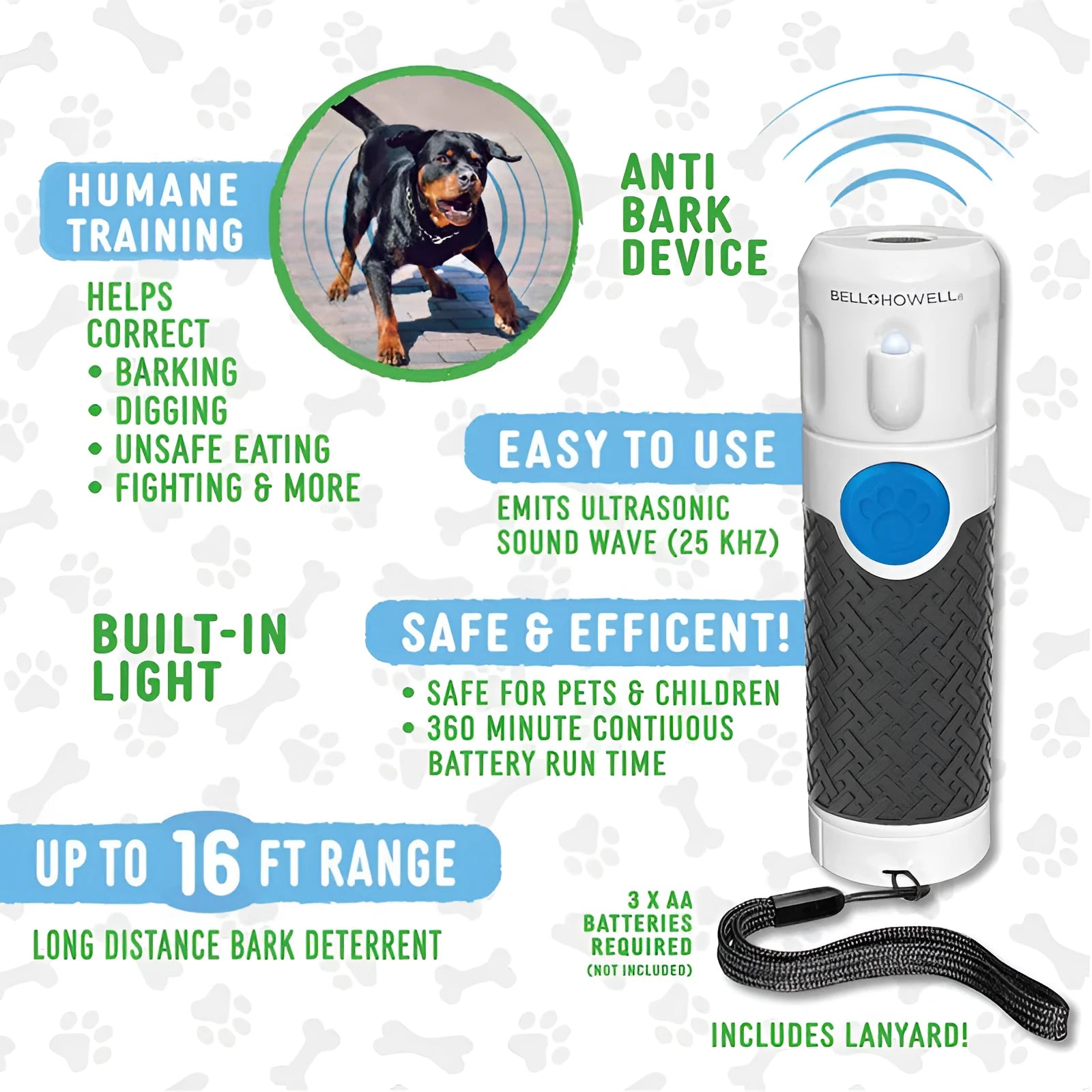White handheld ultrasonic dog trainer with bark-stop function for behaviour correction training
