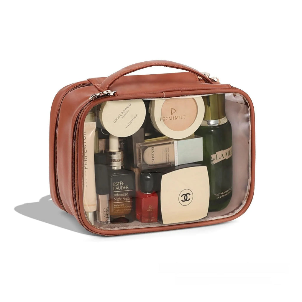 Transparent PVC cosmetic bag showing contents through clear material with dry-wet separation compartments