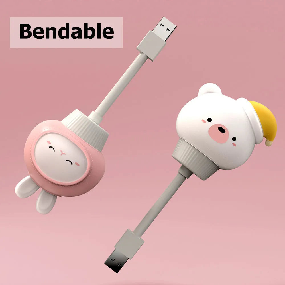 USB portable cartoon animal LED night light in rabbit design with adjustable brightness settings.