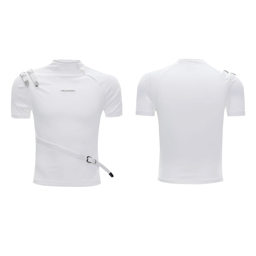 Cotton men's slim fit T-shirt with metal belt design and stand-up collar in black and white colours