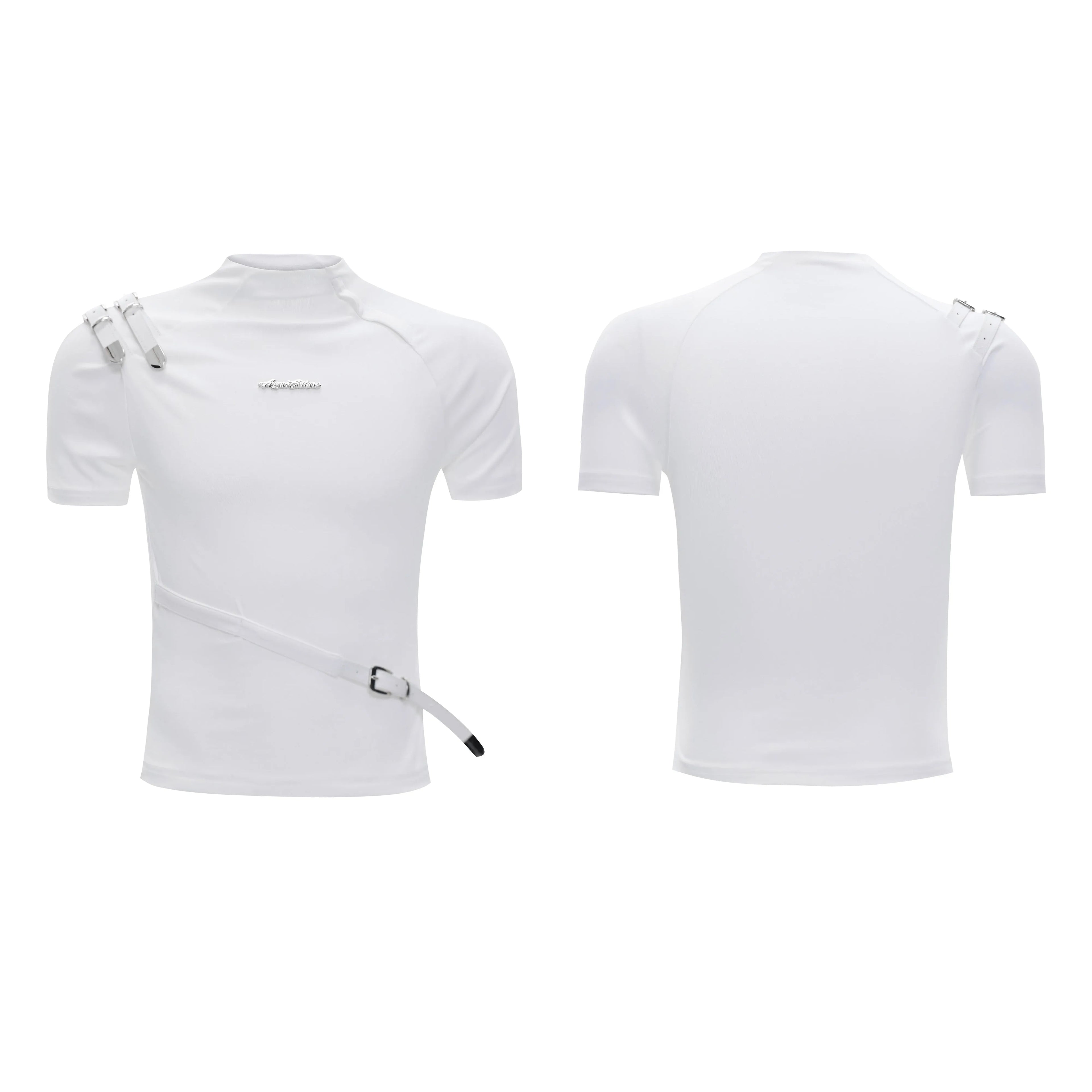 Cotton men's slim fit T-shirt with metal belt design and stand-up collar in black and white colours