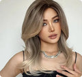 Mid-length platinum gradient colour full-head wig with long curly hair and bangs