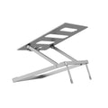 Aluminium alloy folding laptop cooling rack in silver, shown open with a notebook placed on top.