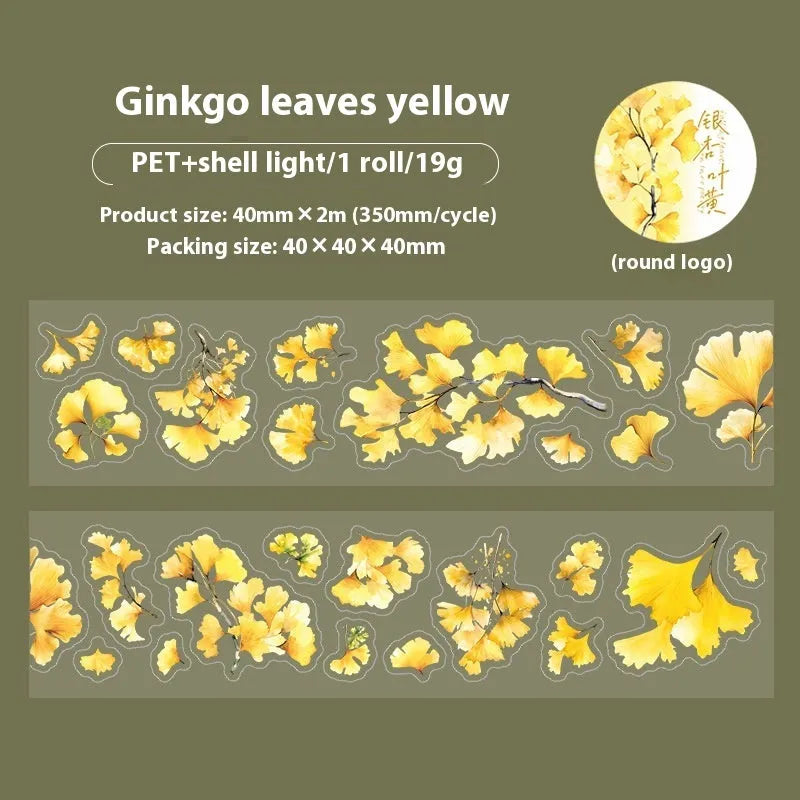 Deciduous Poetry Series decorative sticker roll showing six leaf patterns including ginkgo and maple designs