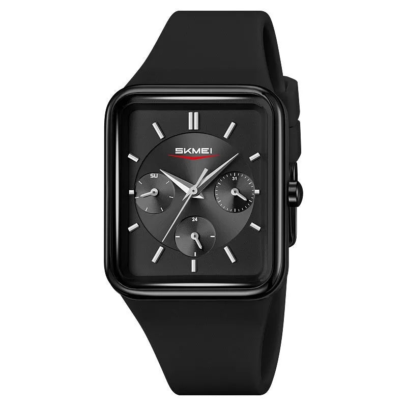 Square silicone waterproof watch for girls showing multiple colour options including white rose gold and black blue