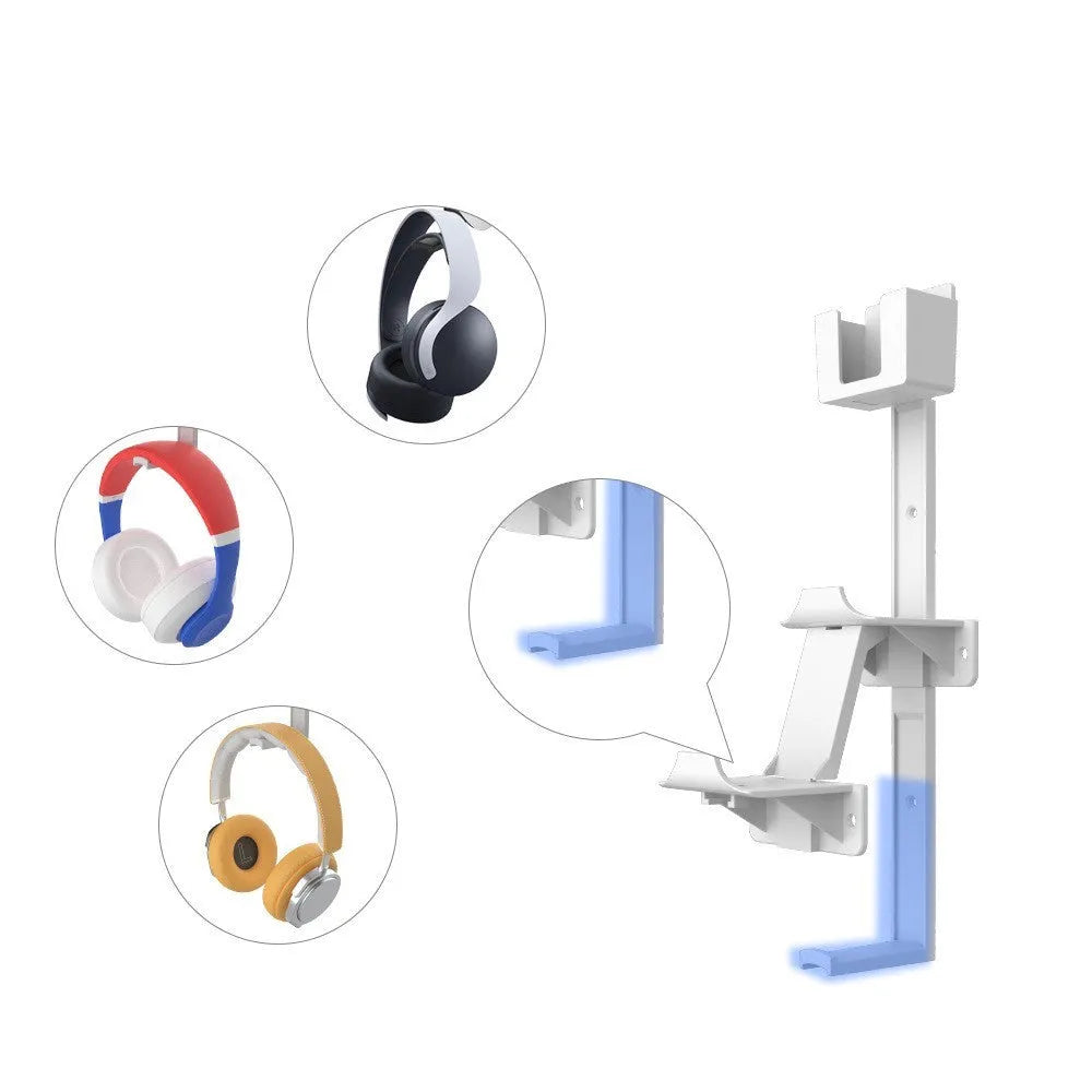 White wall-mounted hook holding PlayStation controller and headset