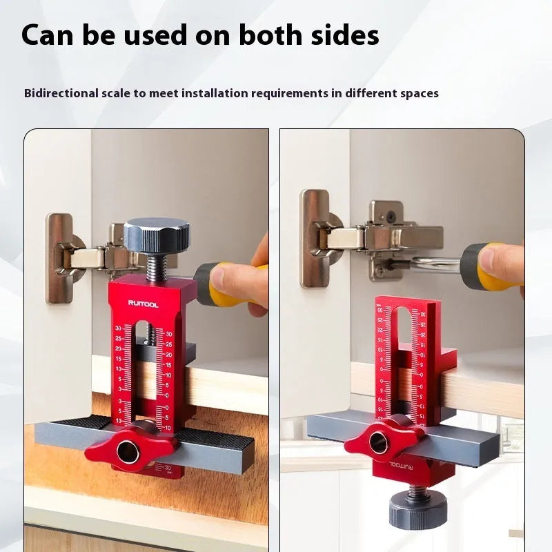 Aluminium alloy cabinet door installation aid tool for woodworking with 10mm drill hole fit.