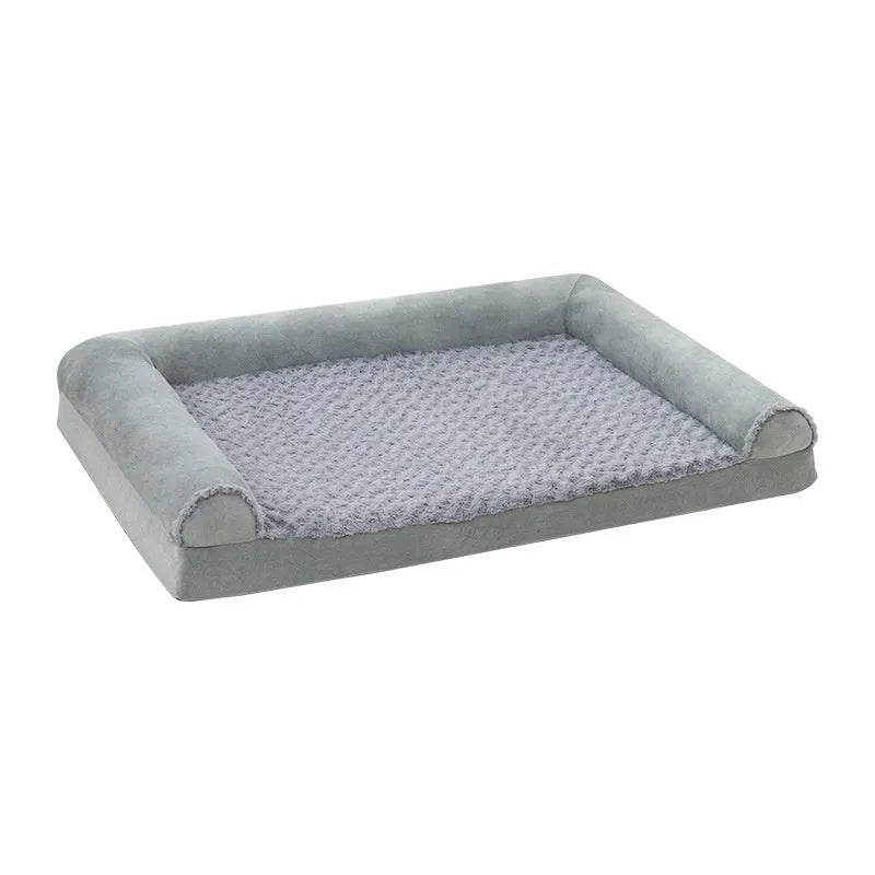 Light grey cloth dog kennel bed for large dogs, showing sheltered sides and padded interior.