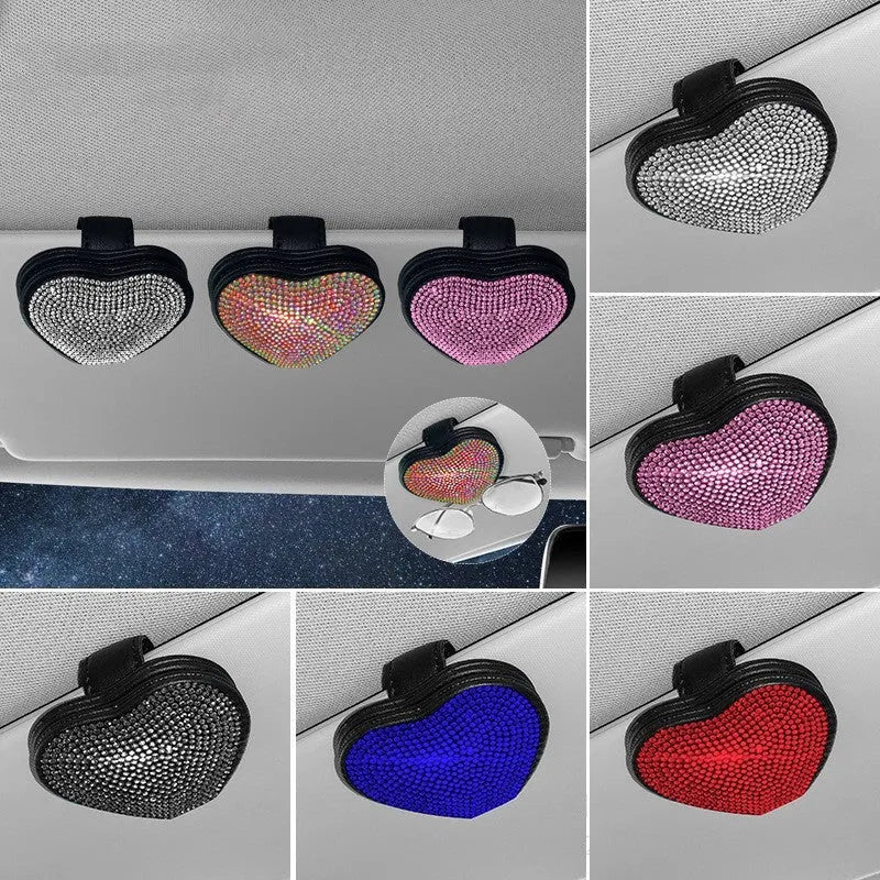Car sun visor glasses clip made of PU leather with diamond encrusted design in various colours holding sunglasses
