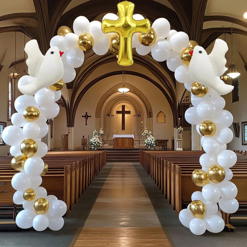 120PCs cross white dove balloon arch set with gold and white 10-inch balloons for birthday and wedding decoration