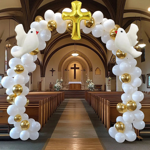 120PCs cross white dove balloon arch set with gold and white 10-inch balloons for birthday and wedding decoration