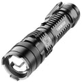 Black aluminium alloy telescopic LED flashlight with zoom adjustment and clip for portable use