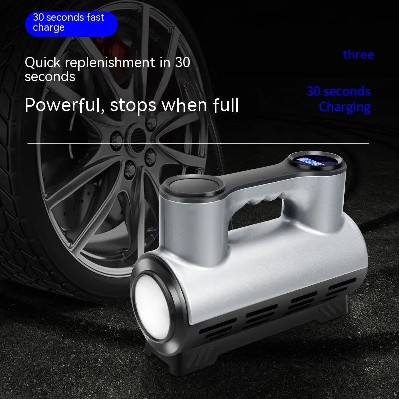 12V portable car tyre inflator with digital display showing pressure reading