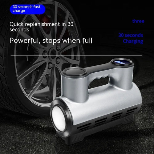 12V portable car tyre inflator with digital display showing pressure reading