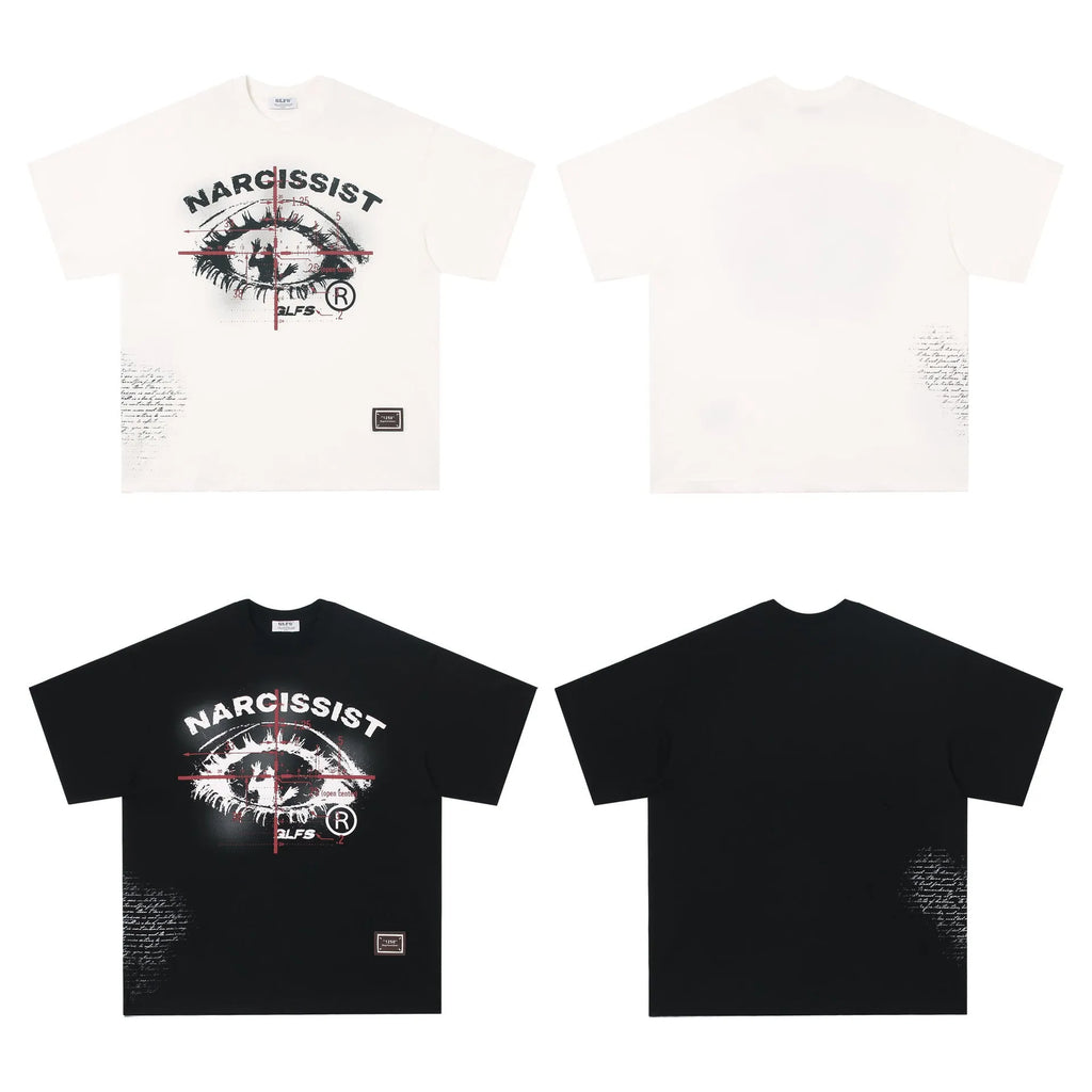 Men's black pure cotton T-shirt with white retro hip hop gothic letter print, short sleeves.