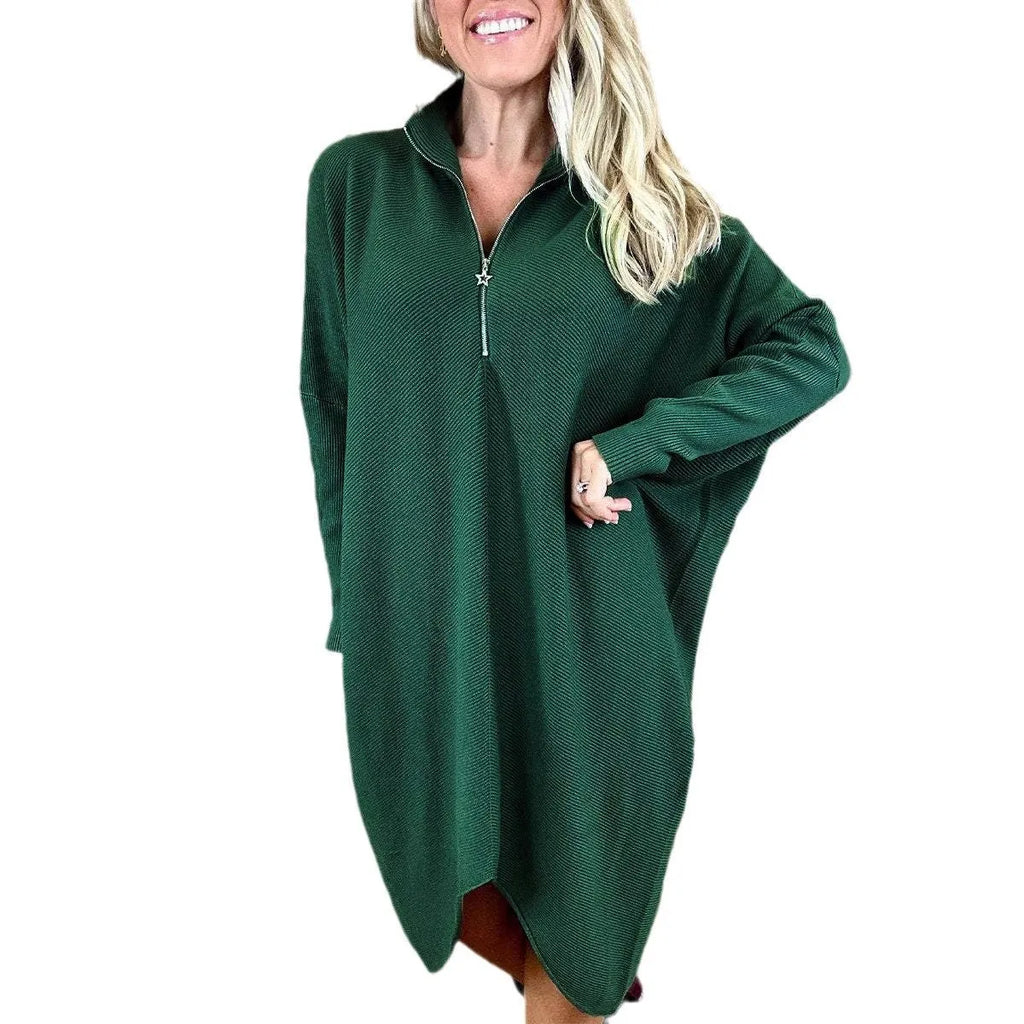 Women's solid colour knitted loose dress with raglan sleeves in dark green colour