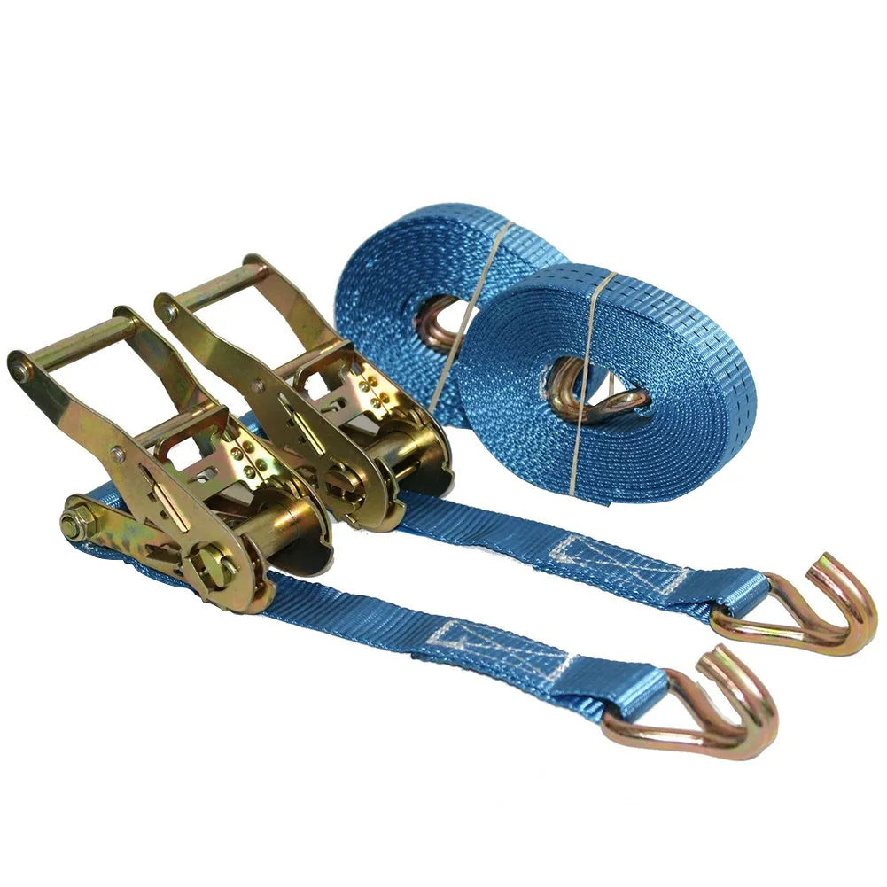 Steel ratchet tensioner with double hooks on a grey polyester strap for securing cargo.