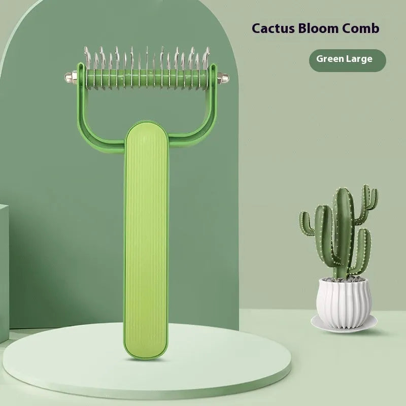 Green and grey dog detangling comb with stainless steel teeth and plastic handle in large and small sizes