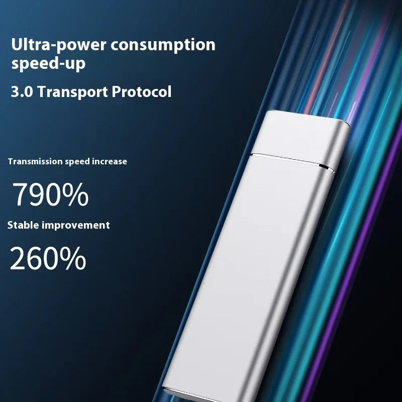 Sapphire blue metal portable solid state external hard drive with USB cable on a white background.