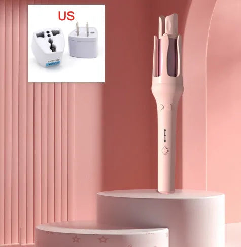 Automatic hair curler with 32mm barrel in white brand pink colour with multiple plug adapters