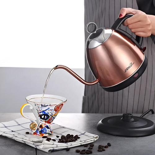 Gold automatic stainless steel electric kettle with touch controls and 1 litre capacity.