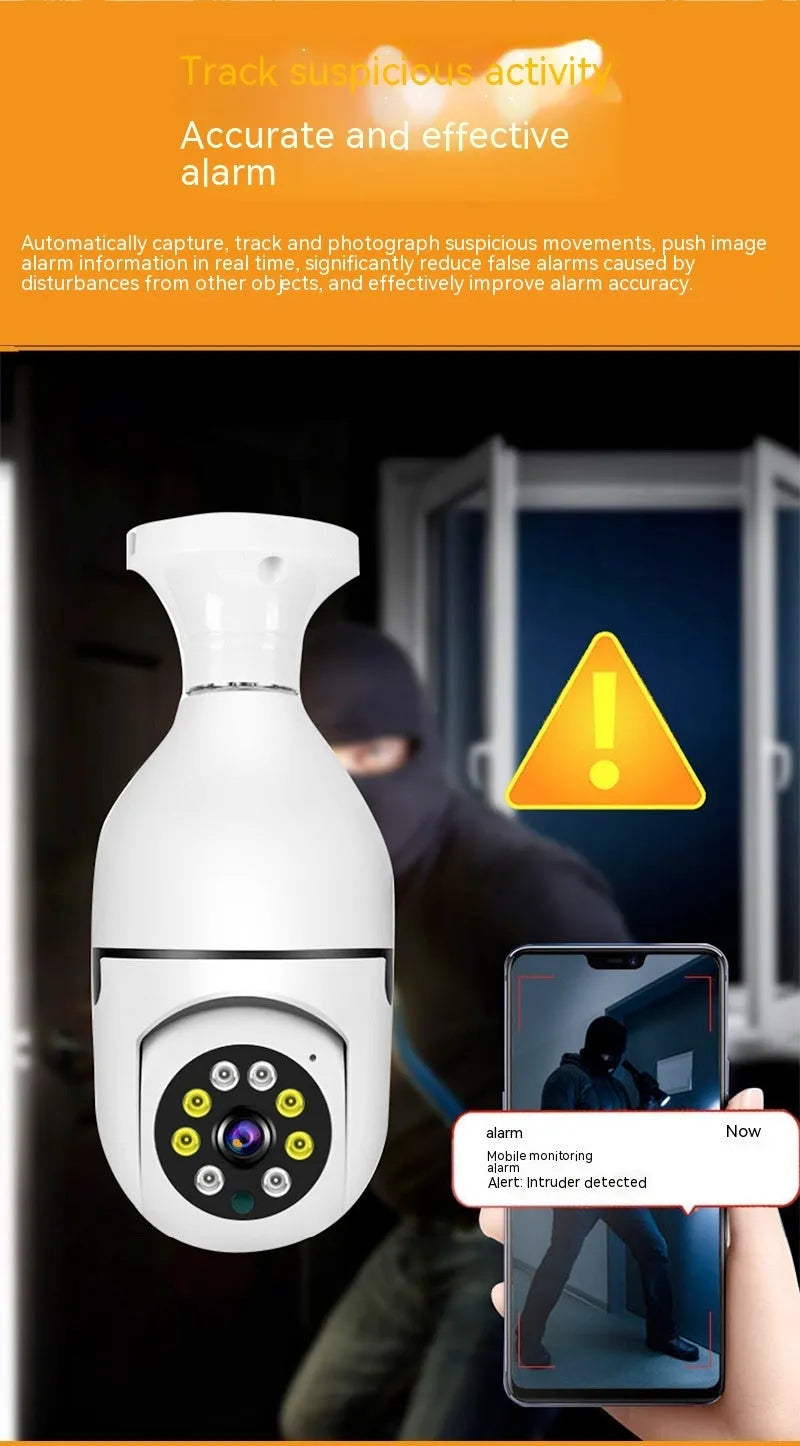 White wireless bulb security camera with lens, shown next to a ruler indicating 5cm width and 12cm height.