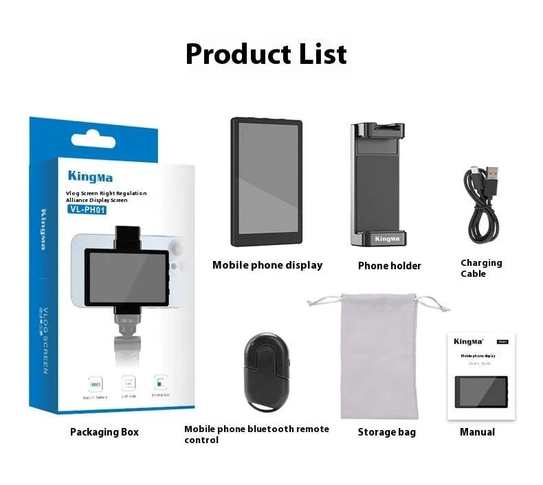 Mobile phone selfie mirror display screen with magnetic suction phone clip, Bluetooth remote control, storage bag, and charging cable.