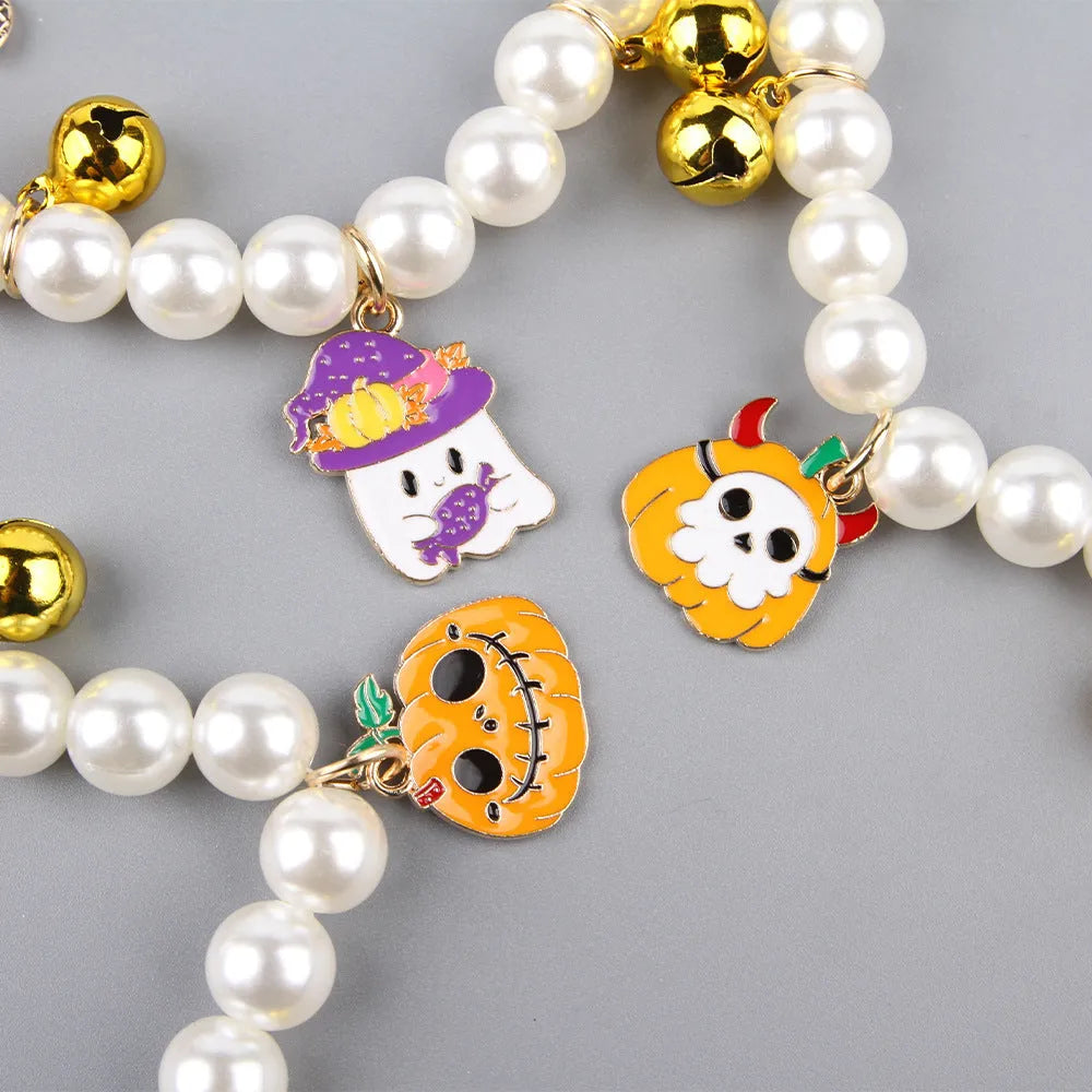 Halloween pet collar with simulated pearl beads and purple ghost pumpkin decoration for cats