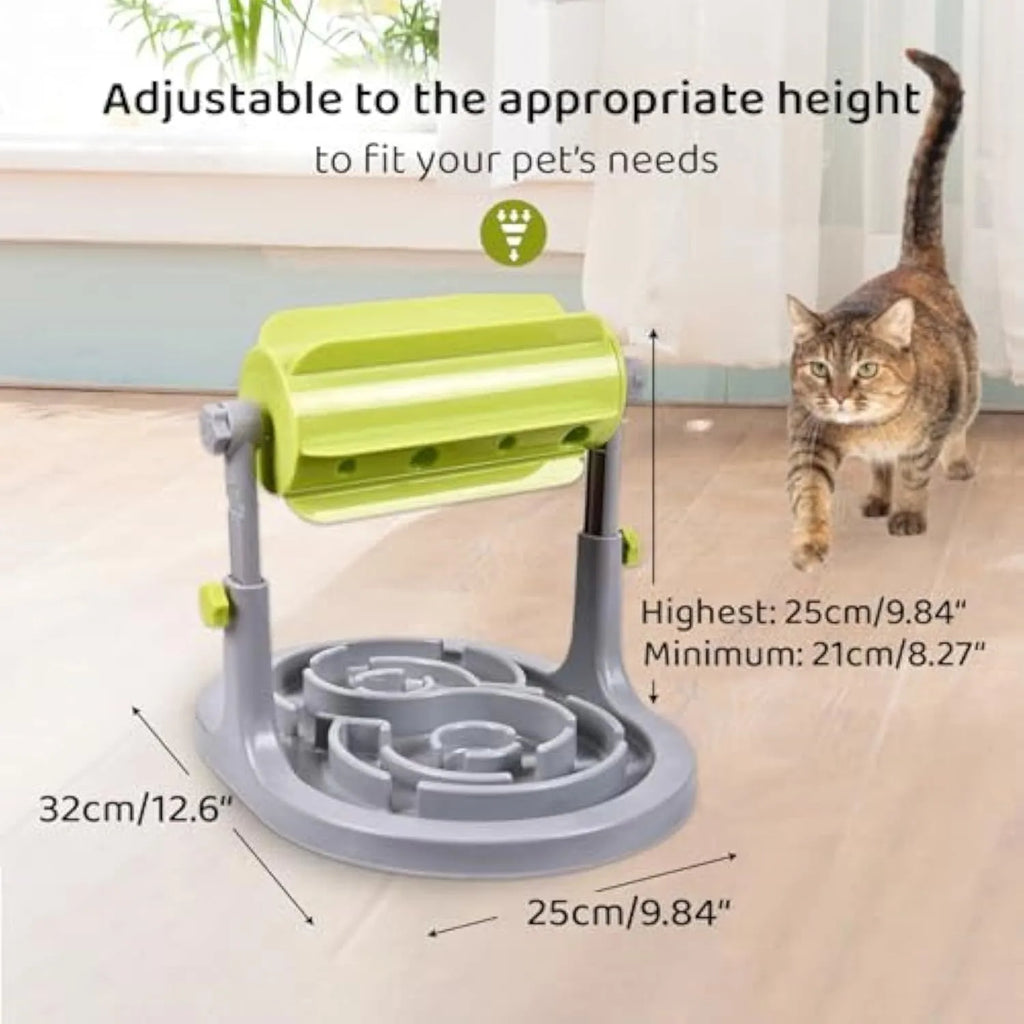 Interactive pet food puzzle slow feeder bowl in blue, green, or pink with adjustable height for dogs and cats