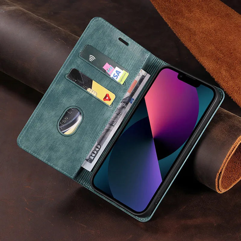 Magnetic flip phone case for iPhone in TPU and leather construction showing black colour option