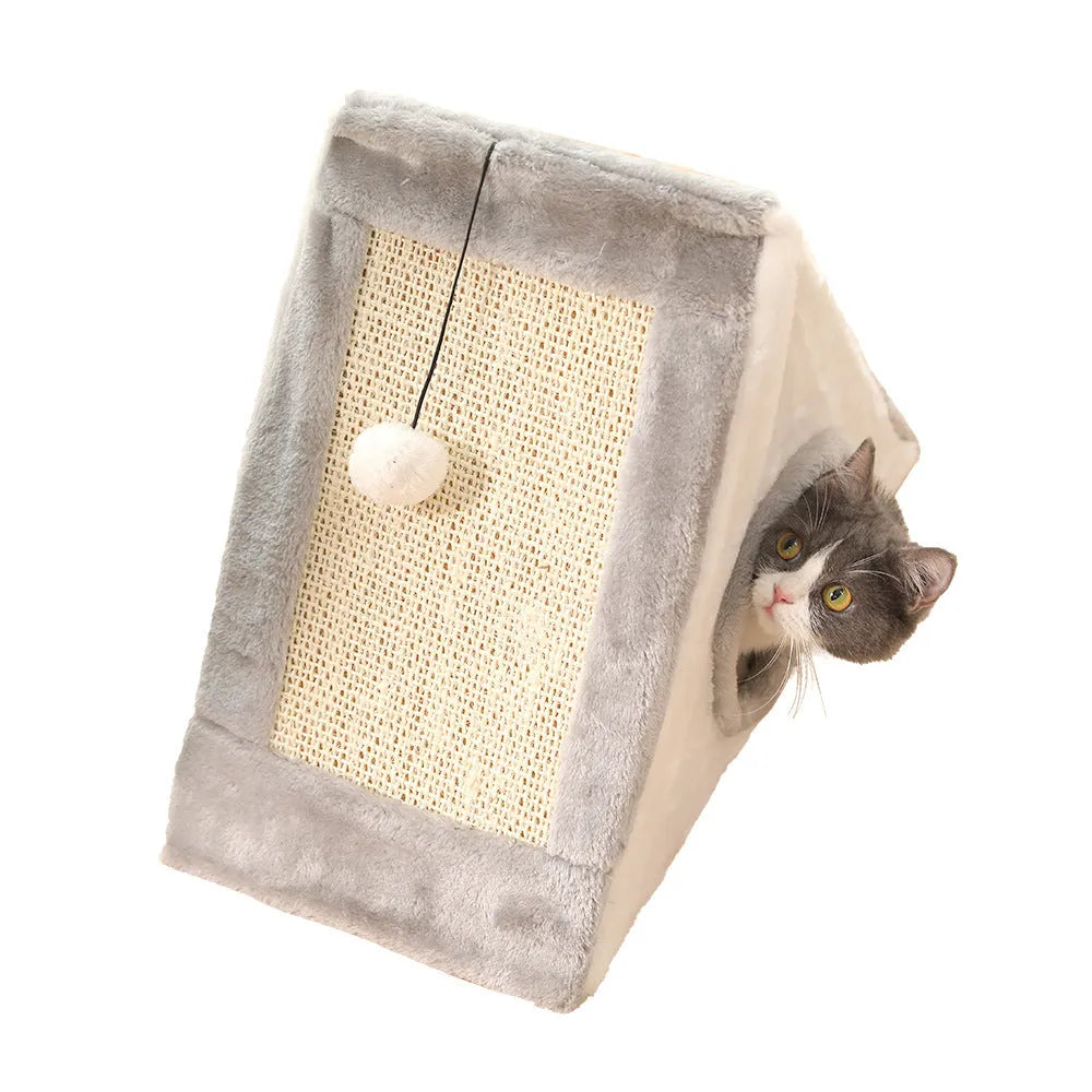 Grey and white triangle sisal scratching post for cats on a wooden floor.