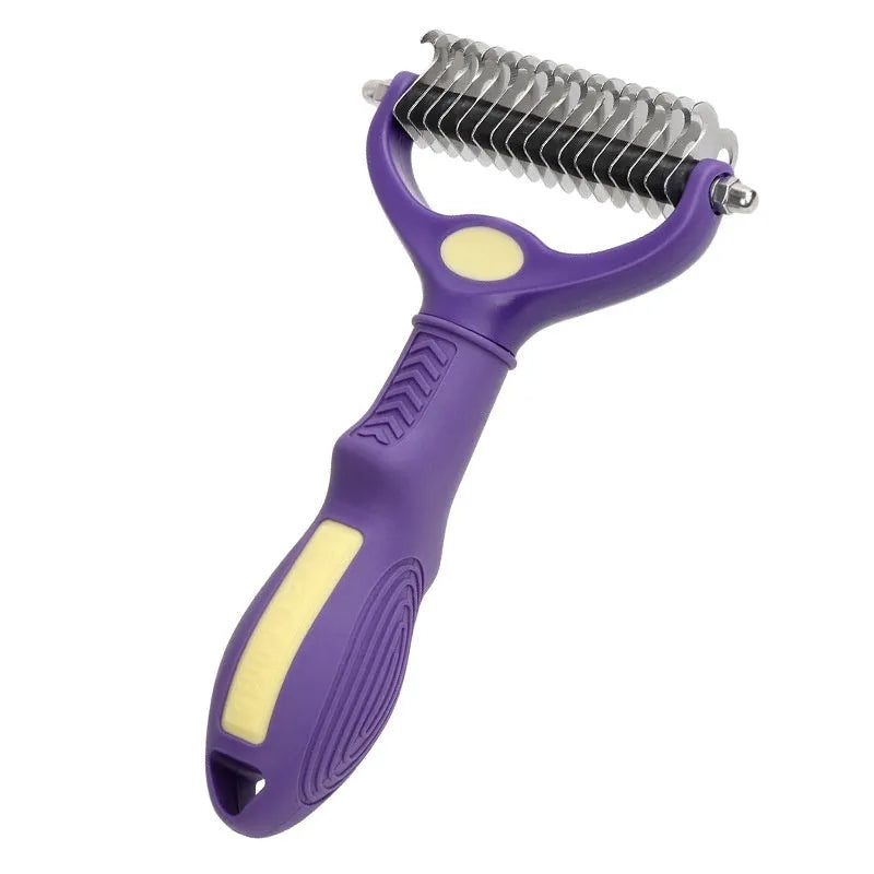 Purple double-sided plastic pet comb for untying knots on dogs and cats.