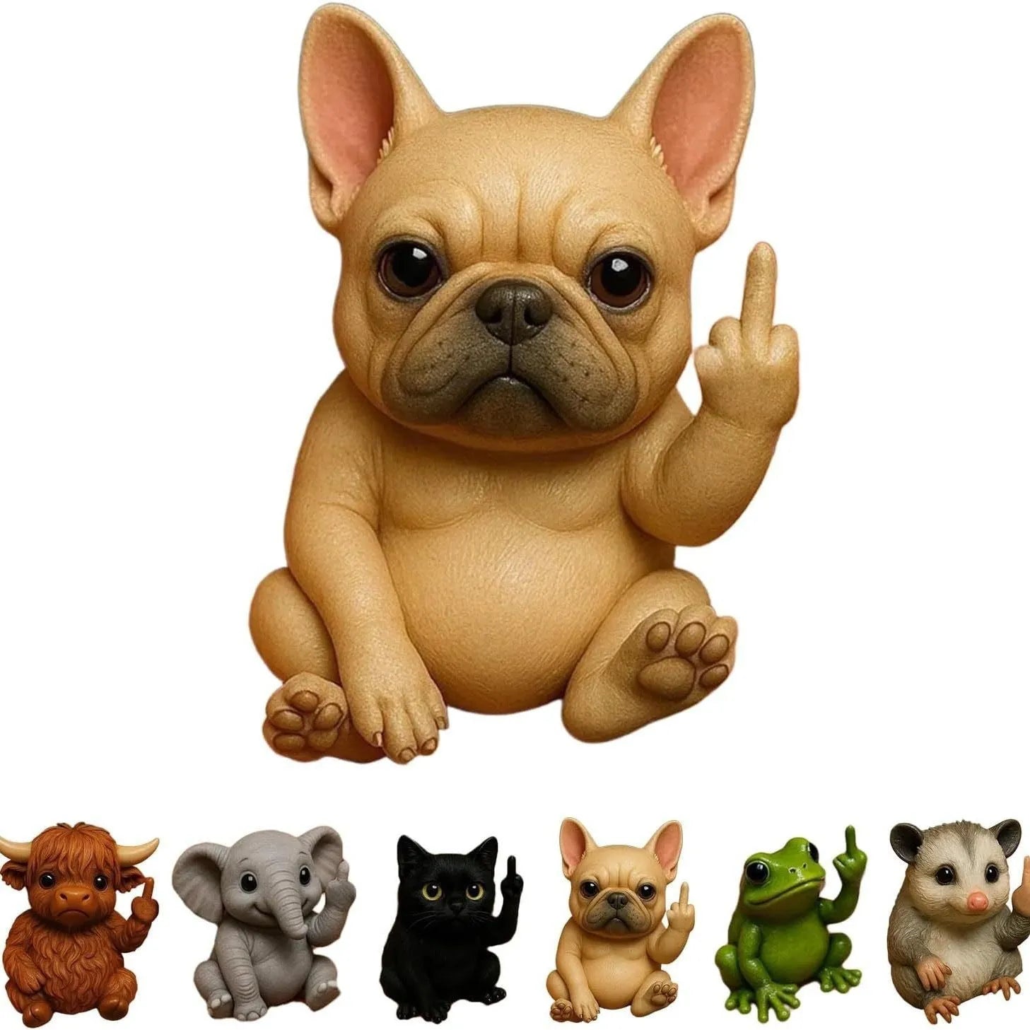 Mini resin animal doll making a middle finger gesture, shown in dog, cat, elephant, frog, highland cattle, mouse, and turtle styles.