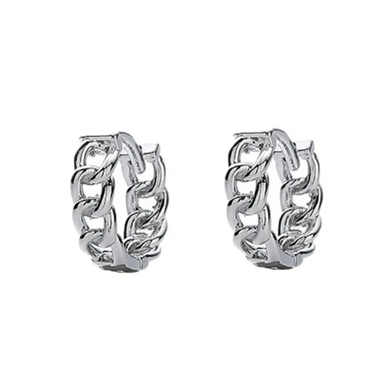 Men's silver geometric hoop earrings in 10mm and 14mm sizes on a plain background.