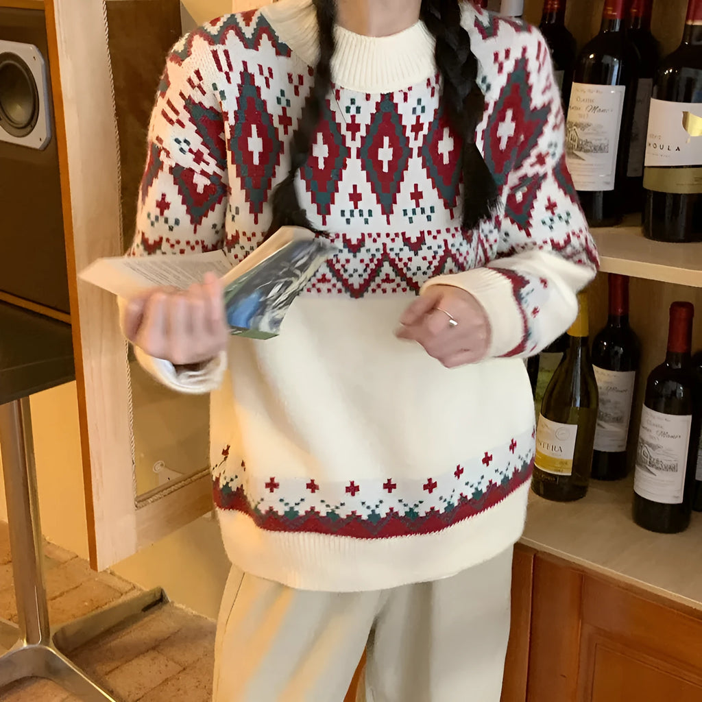 Striped retro loose fit pullover knitted top with long sleeves in white or red