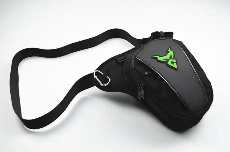 Motorcycle leg bag in 1200D Oxford cloth shown with adjustable straps for crossbody, waist, or shoulder wear.