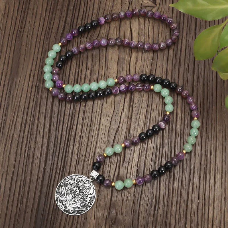 Dongling Long handmade stone bead necklace with alloy lotus pendant and matching bracelet, adjustable length.