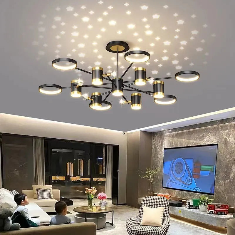 Black iron pendant chandelier with 13 lights in a Nordic star design, featuring a remote control.