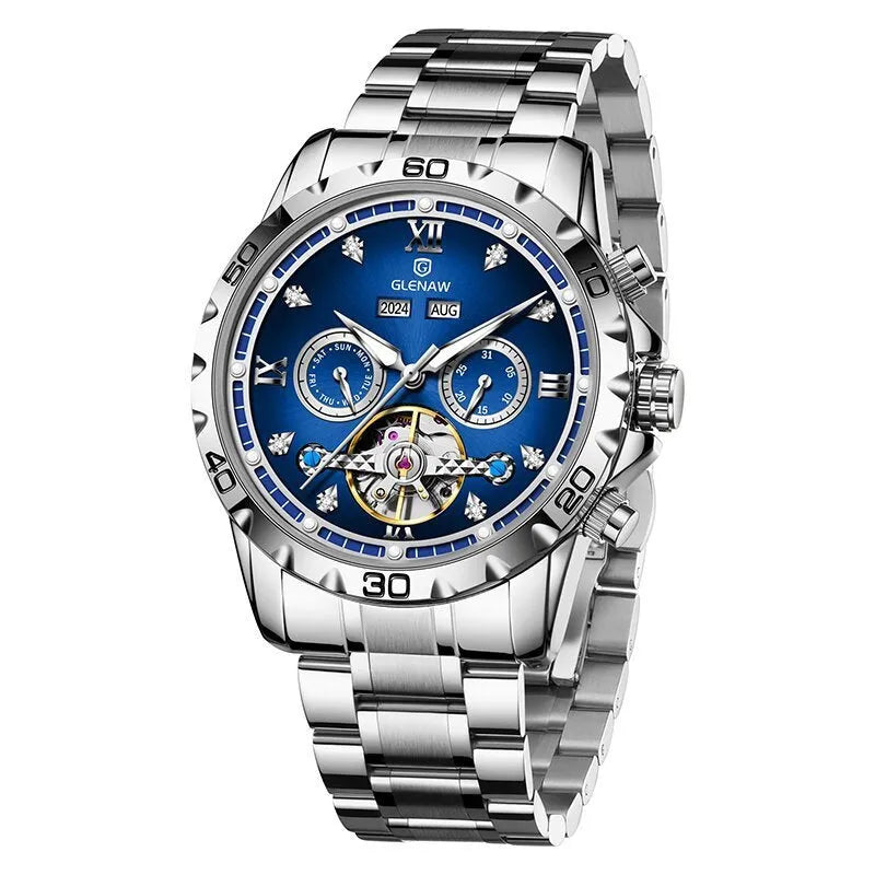 Men's automatic mechanical watch with stainless steel strap and mineral glass face