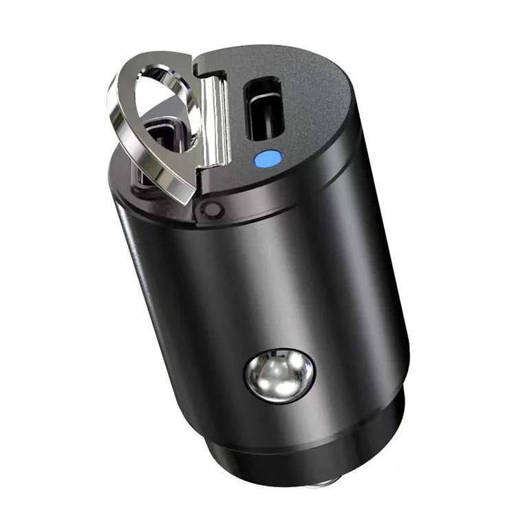 30W mini car charger with USB-C and QC3.0 ports in black zinc alloy housing