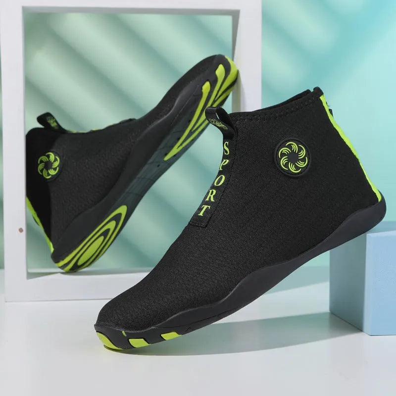 Mid-top quick-dry mesh beach shoe with non-slip rubber sole in black and fluorescent green.