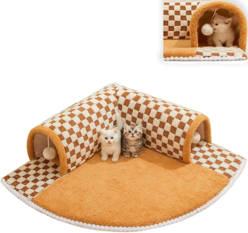 Brown plaid cat tunnel bed with central mat showing non-slip bottom and tunnel opening