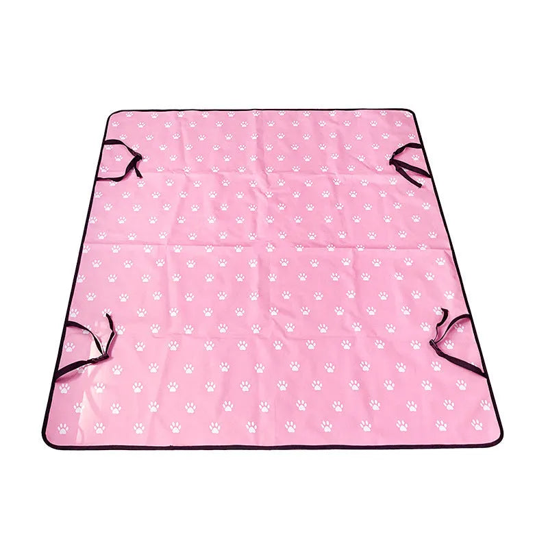 Dog car seat protection mat covering rear vehicle seat with water and dirt resistant cloth material