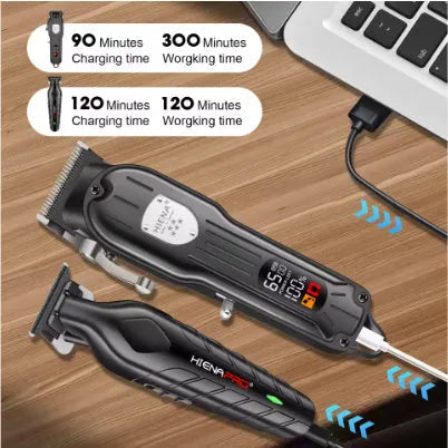 Black professional hair clipper set with aluminium foil shaver, showing LCD display and USB charging port.