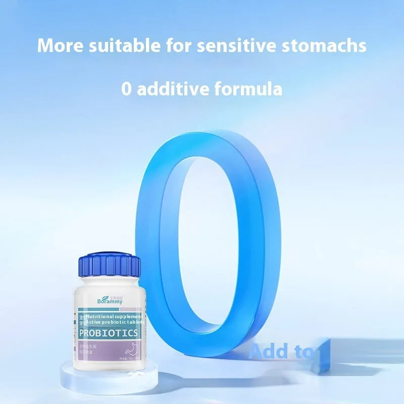 Bottle of 180 pet probiotic tablets for dog and cat digestive health support