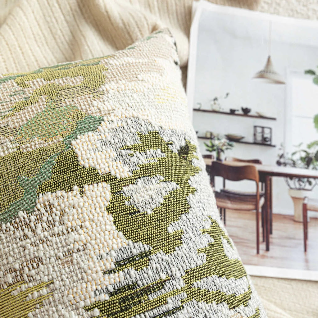 Chinese style decorative pillow with spring flowers botanical pattern on antique green wool blend fabric