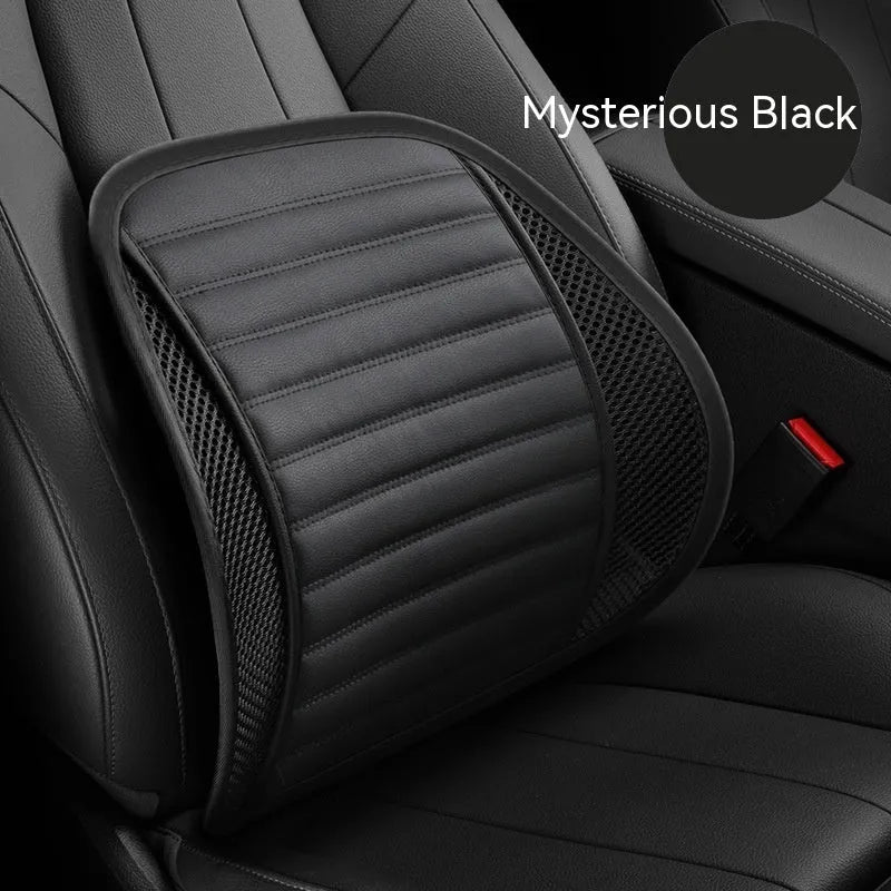 Leather lumbar support cushion for car seat, available in multiple colours including amber brown and sapphire blue.