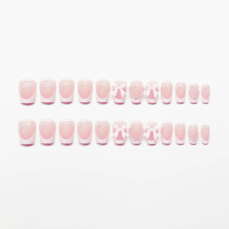 French manicure nail art set with bow, tulip, and leopard print designs for short nails